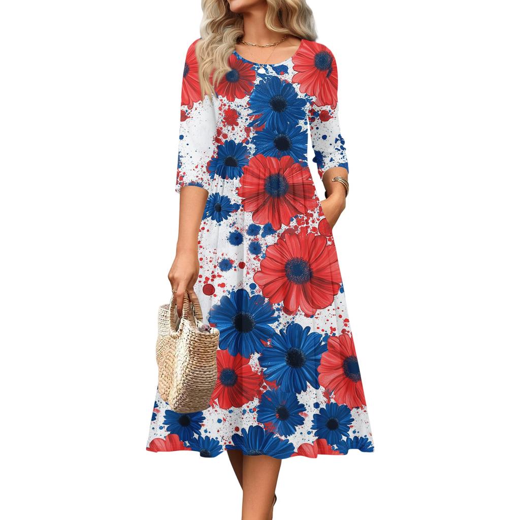 Women's Independence Day Dress - Casual Midi, Round Neck, Three Quarter Sleeves, Ruching Waist, for Spring Fall Parties