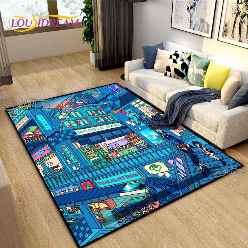 Japanese Anime Night Scene Rugs Child Game Floor Mat Alfombra Cartoon Carpets Modern Home Living Room Decor Washable Floor Rug