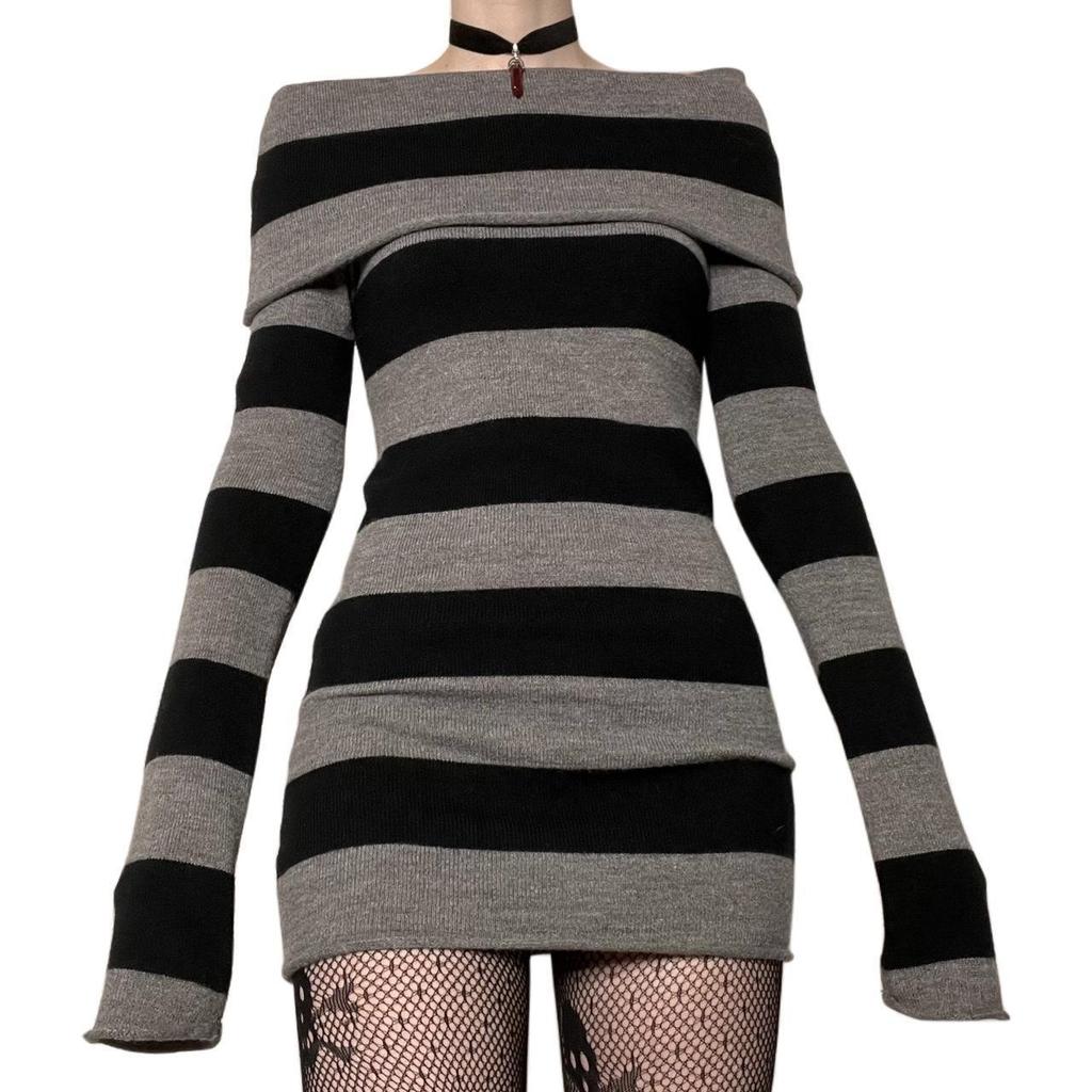 Y2K Gestreept One-Shoulder Slim Gebreide Trui Jurk