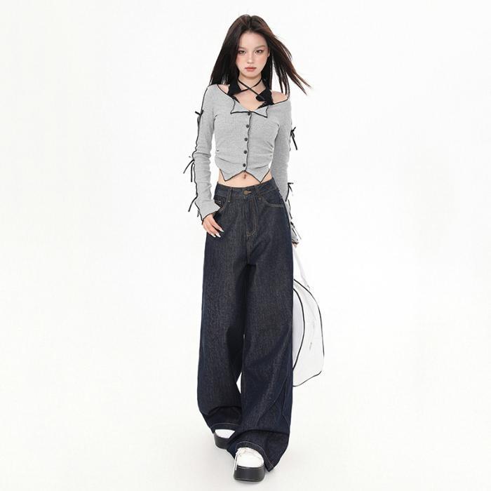 

2025 Autumn/Winter Women s High-Waisted Wide-Leg Dark Blue Jeans M (Suitable for 101-113 jin)