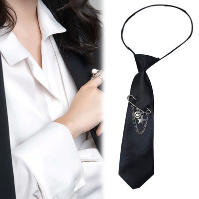 Preppy School Neck Tie with Metal Smile Face Pin Vintage Pre Tied Necktie Neckwear for Adult and Kids Student Uniform
