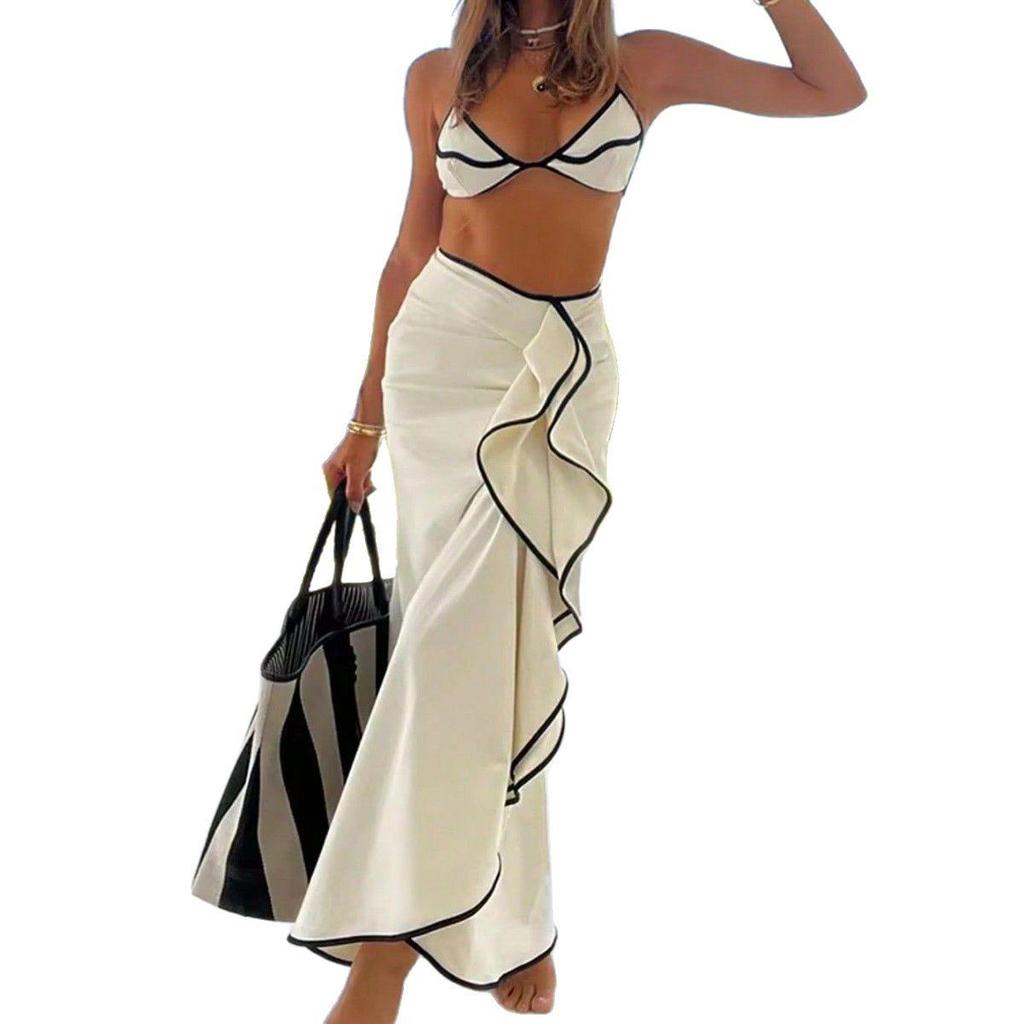 2025 European & American Color Block Bikini Dress 3-Piece Set for Seaside Vacation