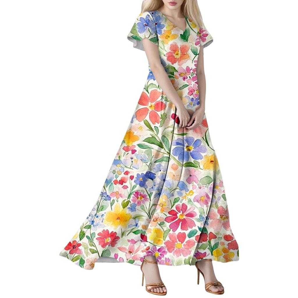 Women's Summer Casual Fashion Floral Print Dress V Neck Short Sleeve Dress