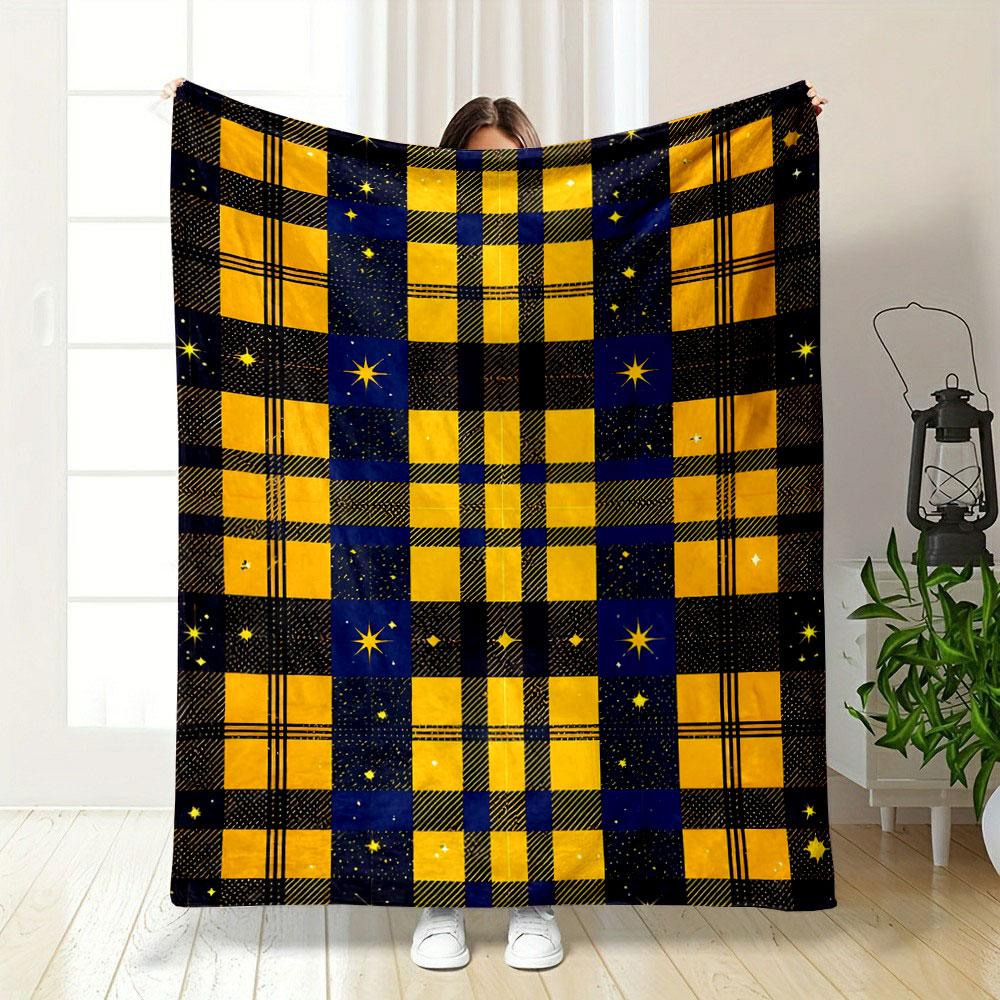 Plaid Pattern In Yellow and Blue, Combined with Starry Night Motifs. for All Seasons Blanket Lunch Break Throw Gift