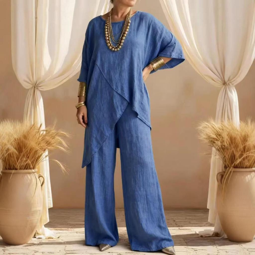 2026 Summer Women's Casual Two-Piece Cotton Linen Set with Round Neck and Irregular Hem