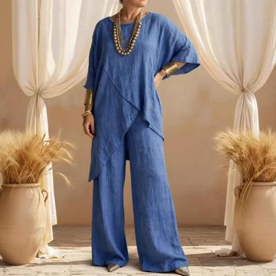 2026 Summer Women's Casual Two-Piece Cotton Linen Set with Round Neck and Irregular Hem