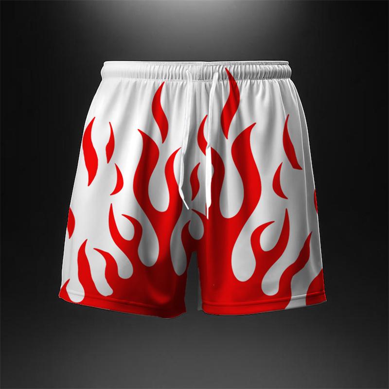 Flame Pattern Cool Harajuku Men's Board Short Y2k Personality Fire Stripe 3D Print Beach Shorts Breathable Loose Fashion Trunks