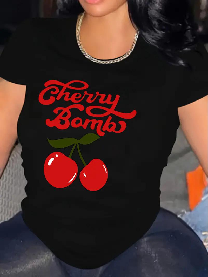 

Женский топ с коротким рукавом с вишневым принтом и бесплатной доставкой M