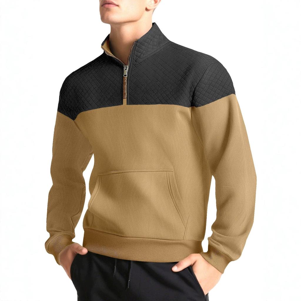 Men Color Block Quarter Zip Sweatshirt Mock Neck Pullover with Kangaroo Pocket Ribbed Cuffs Hem Long Sleeve Spring Fall Casual Streetwear Top