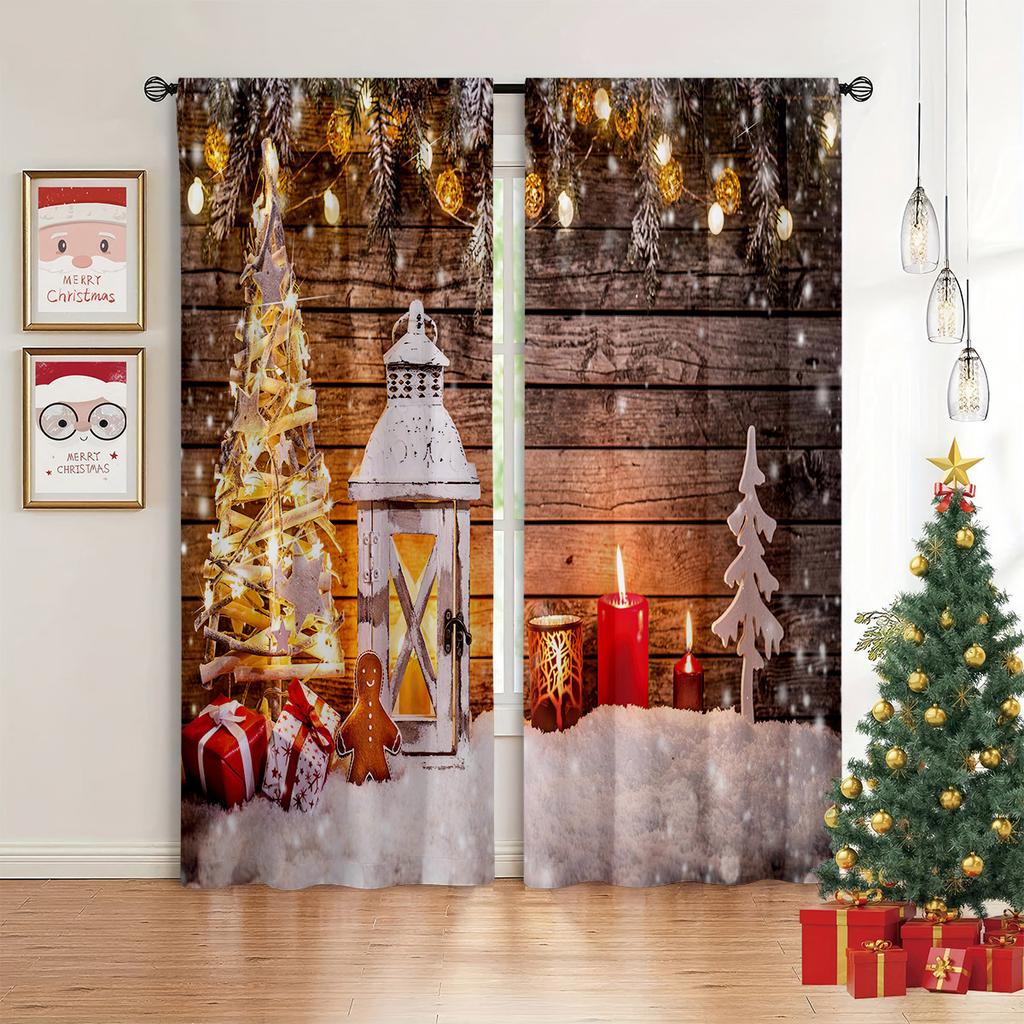 Christmas Bells Green Curtains Golden Red Snowflakes Christmas Elements Bedroom Living Room Kitchen Holiday Curtains 2 Pcs