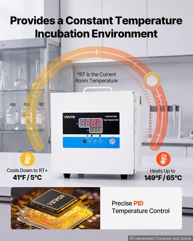 VEVOR Laboratory Incubator 1.6 Gal / 6 L Microbiological Lab Incubator, For Petri Dishes