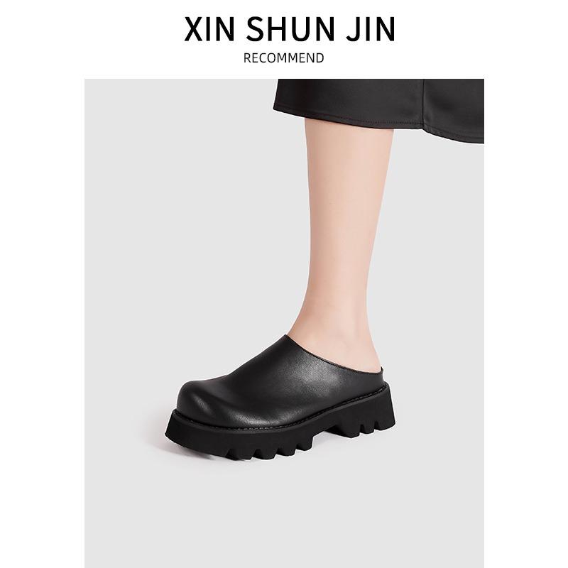 Thick-soled big-headed shoes women's retro leather lazy men and women wear bag-headed shoes with one foot