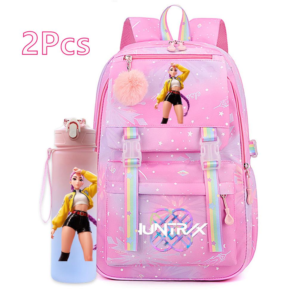2Pcs/set New Anime Kpop Printed Backpack with 750Ml Water Bottler Large Capacity Travel Bag for Teenager Girl Boy Bookbag Kid Gift Large Capacity Bag