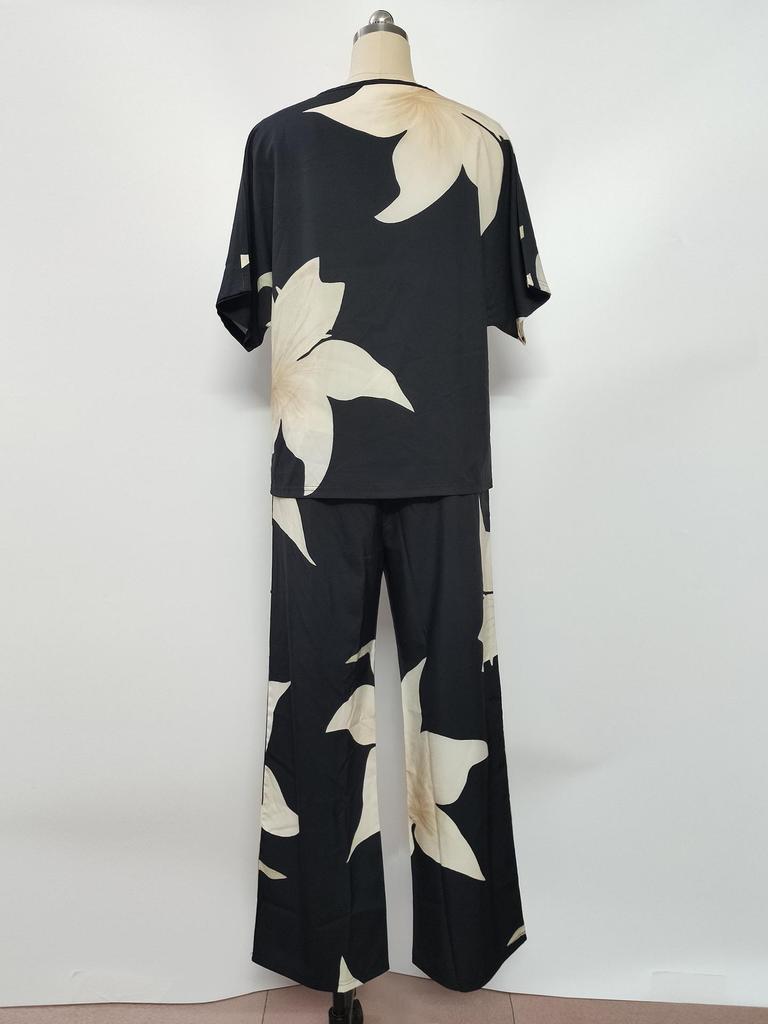 European & American Summer 2025 V-neck Batwing Top and Long Pants Two-piece Set