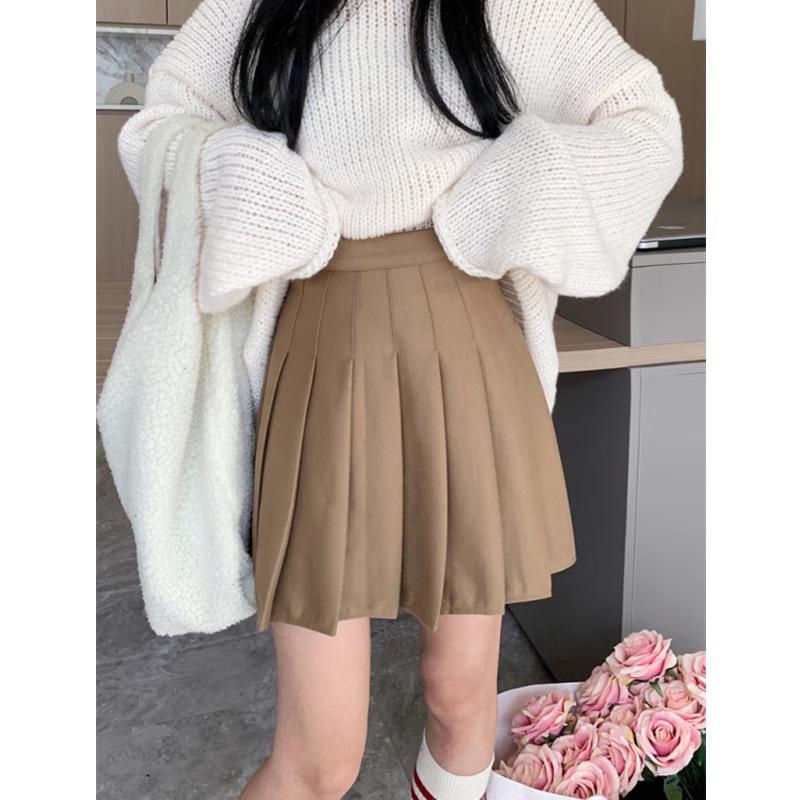 Women s Plus Size Khaki Wool Pleated A-Line Skirt - High Waist, Short Length, Ideal for Spring and Autumn S