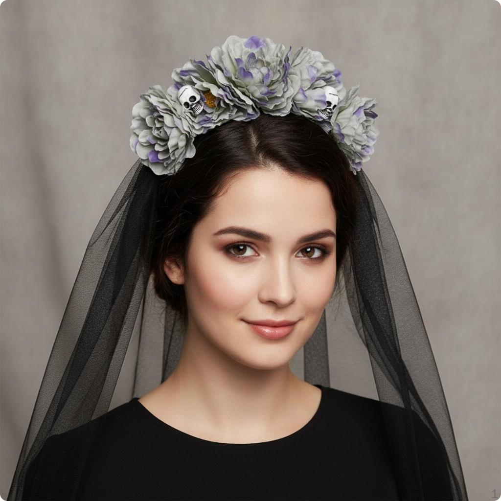 Gothic Flower Headband with Mesh Drape | effortless wear Design, Halloween, Floral cranium Crown