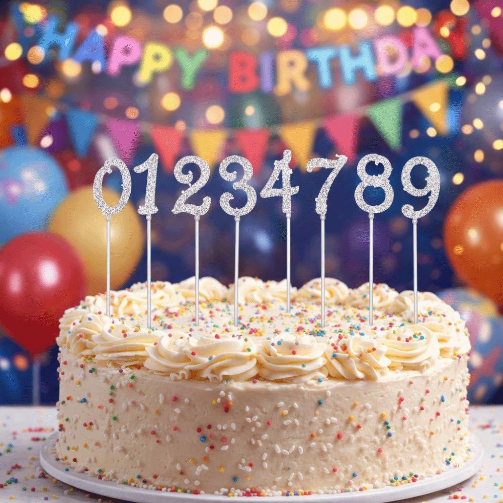 Dessert Decoration Rhinestone Number Cake Topper Glitter Silver Birthday Candle Holder Shining Reusable Cake Plugin Set Party