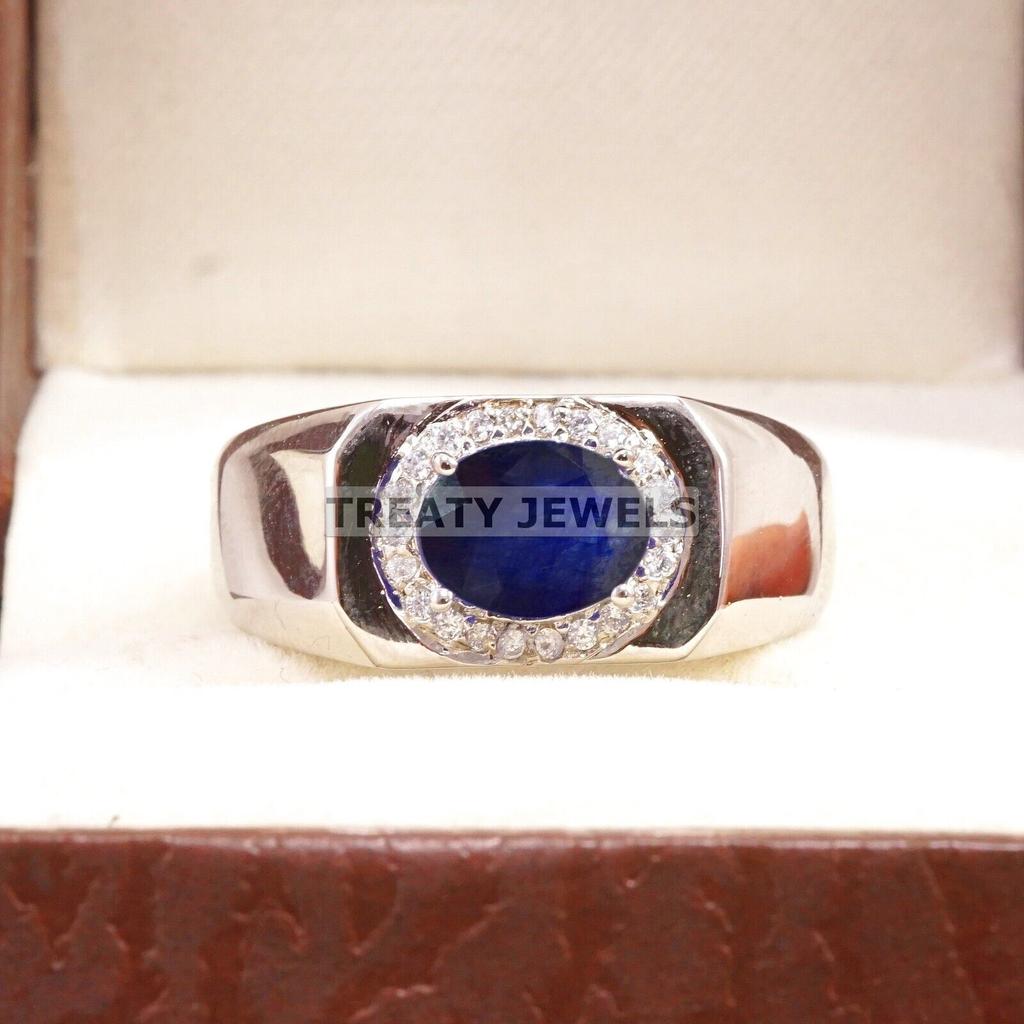 Blue Sapphire Oval Cut Gemstone With 925 Sterling Silver Ring For Men's #B603 JL375686493963