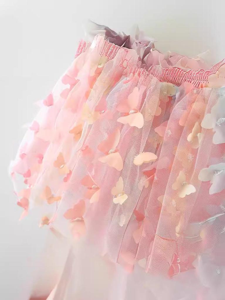 Girls' Summer Spaghetti Strap Mesh Dress with 3D Butterflies - Princess Style