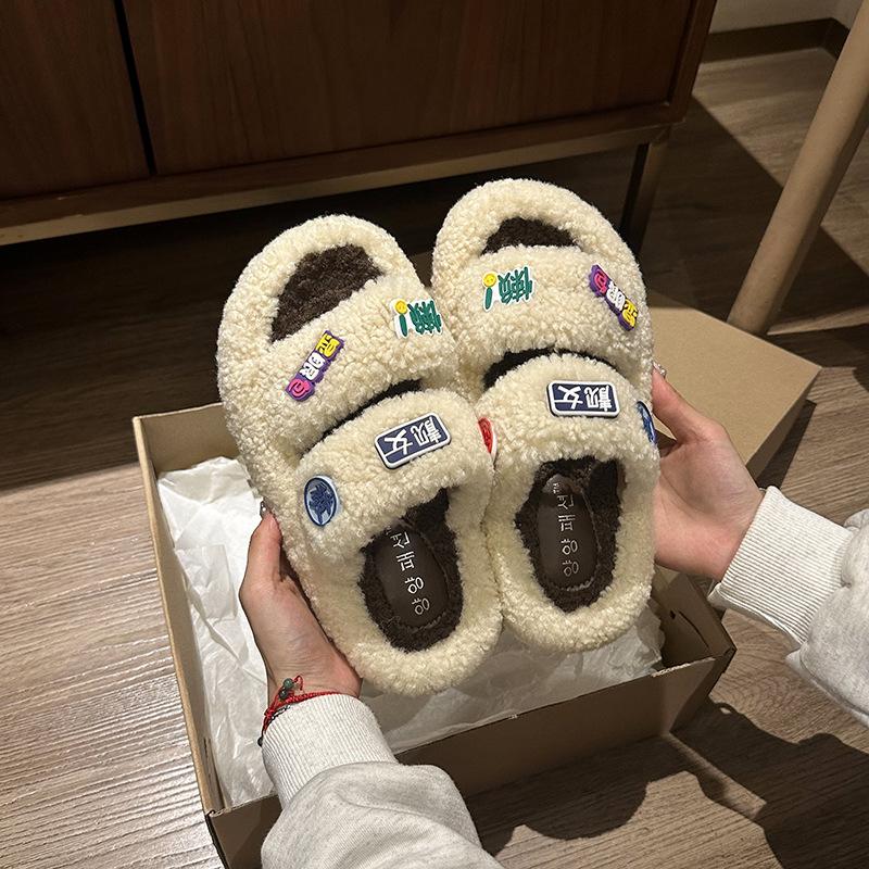 

Cute cartoon Mickey thick-soled fluffy shoes women s autumn and winter fashion retro comfortable warm velvet one-word cotton slippers 40