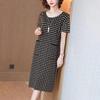Summer New Women's Clothing Round Neck Plaid Dress Loose Inside with Medium and Long Knee Skirt