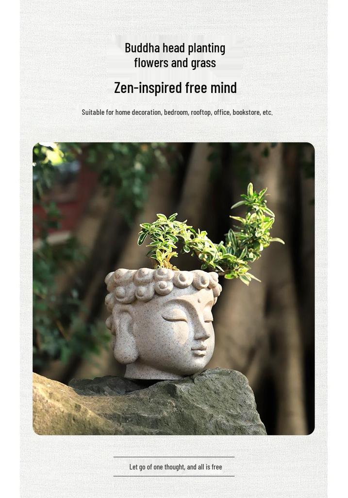 Zen Buddha Head Faux Stone Flower Pot for Garden Ornaments and Potted Plants