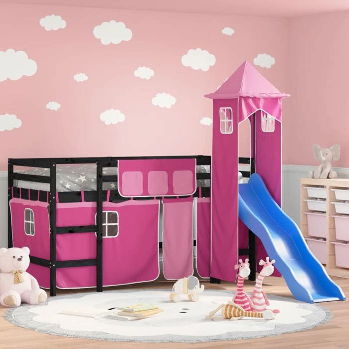 VidaXL Children's Mezzanine Bed with Tower, Elevated Bed for Children with Ladder, Bedroom Storage Furniture, Modern, Pink 3207071