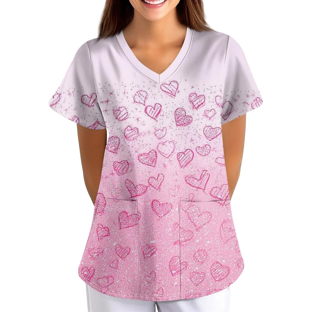 Plus SizePrinted Scrub Working Uniform Tops For Women's Cross V-Neck Print Short Sleeve Fun T-Shirts Workwear Tee With Pockets