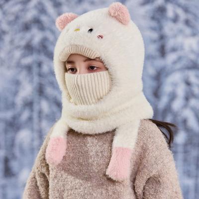 Kids Hat with Face Guard Scarf Plush Inner Lining Solid Color Bear Shape Warm Windproof Knit Hat Autumn Winter Outdoor Wear