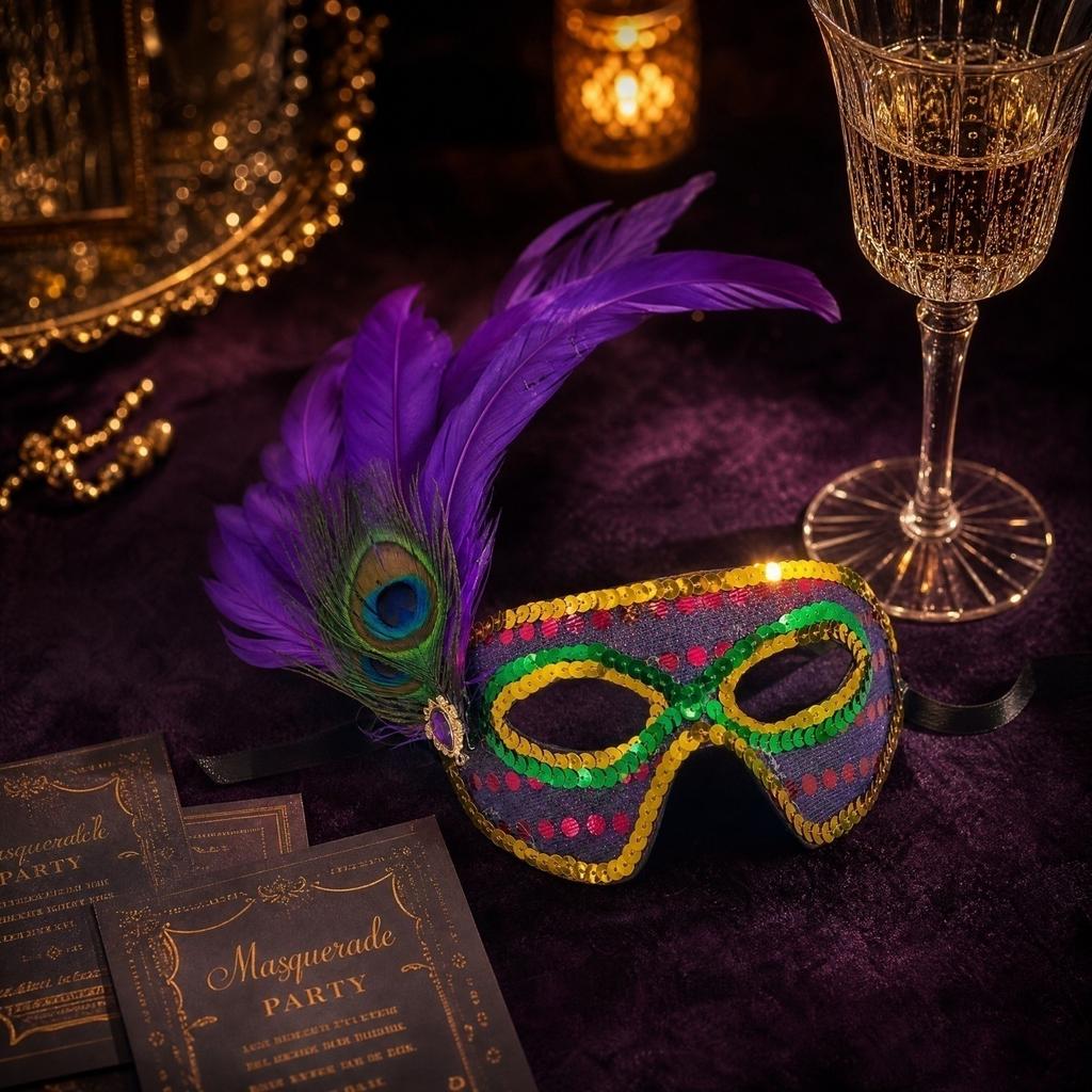 Women's Half Face Masquerade with Sequins and Feathers - Peacock Three Color Design for