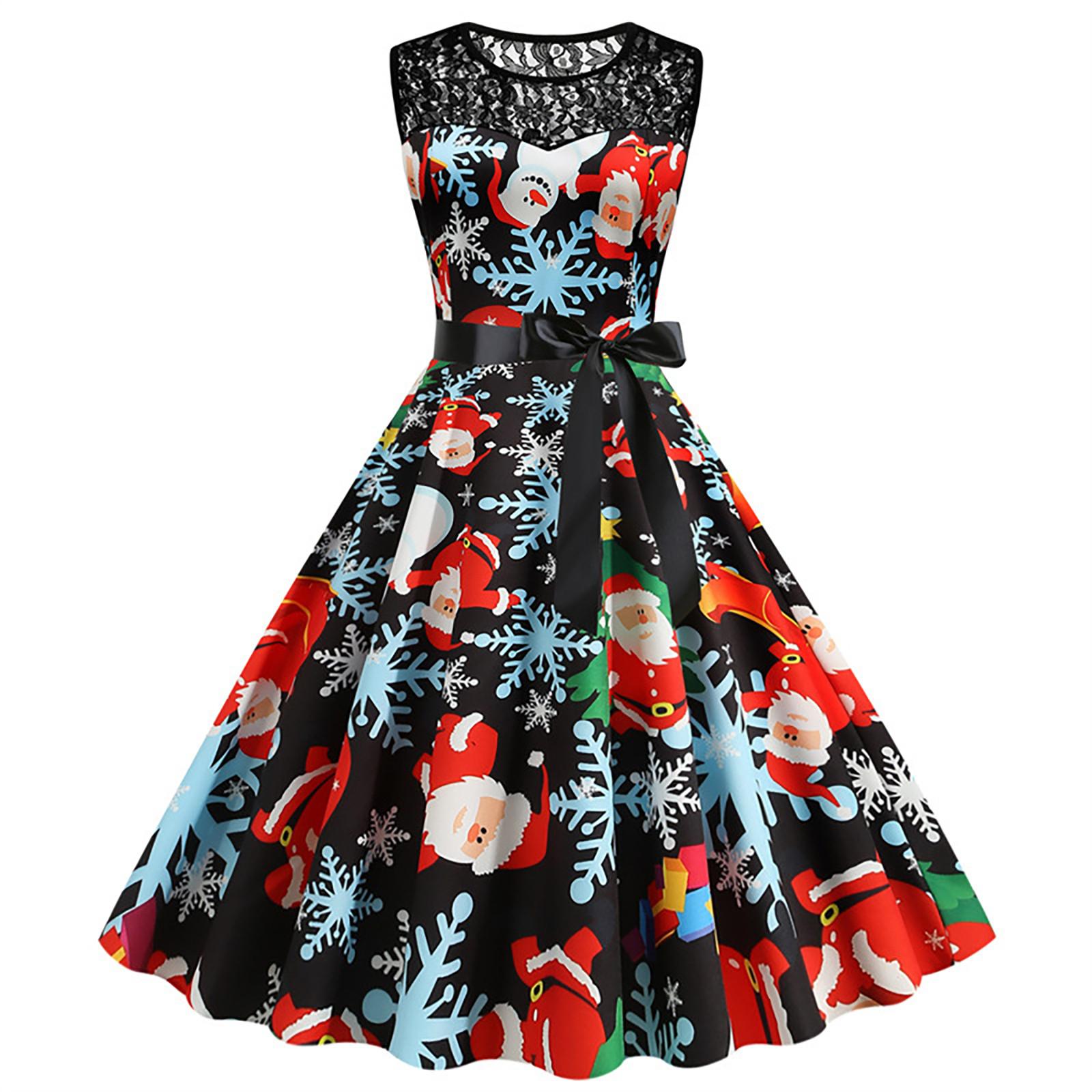 

Жіноча модна різдвяна сукня без рукавів із мереживним клаптевим принтом і круглим вирізом M