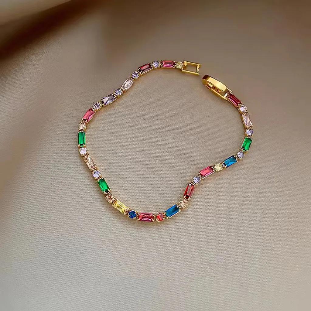 Exquisite Gold Color Stainless Steel Multicolored Crystal Splice Bracelet for Women Charm Trendy Zircon Bangle Bride Jewelry Set