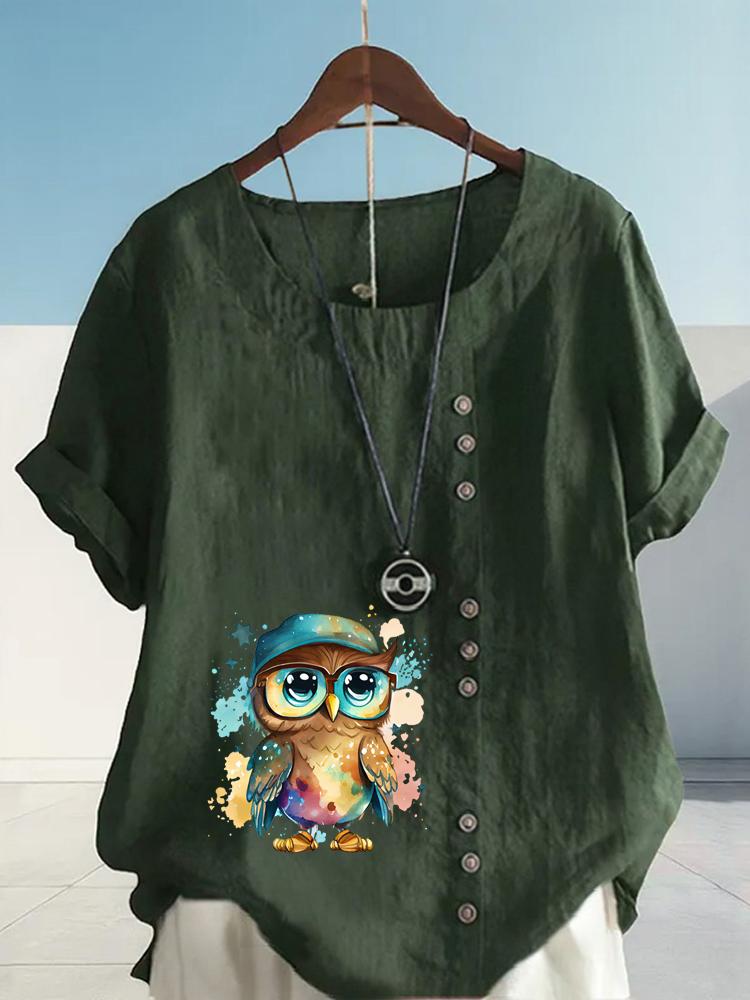 Women's Fashion Cool Owl Print Round Neck Short Sleeve T-shirt Casual Cotton Linen Graphic Shirt Leisure Loose Summer Blouse Tops