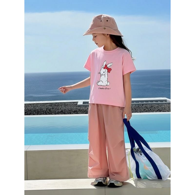 2026 Summer Cartoon Rabbit Print Children's Pure Cotton Pink Short-Sleeved T-Shirt Korean Brand Children's Clothing Girls' Tops