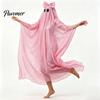 White Ghost Poncho Sequin Cape for Women, Cute Halloween Costume Cloak with Holiday Cosplay Bows, Lightweight Mesh Pullover Robe Party Photoshoot