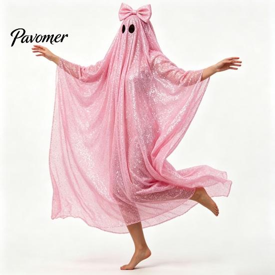 White Ghost Poncho Sequin Cape for Women, Cute Halloween Costume Cloak with Holiday Cosplay Bows, Lightweight Mesh Pullover Robe Party Photoshoot