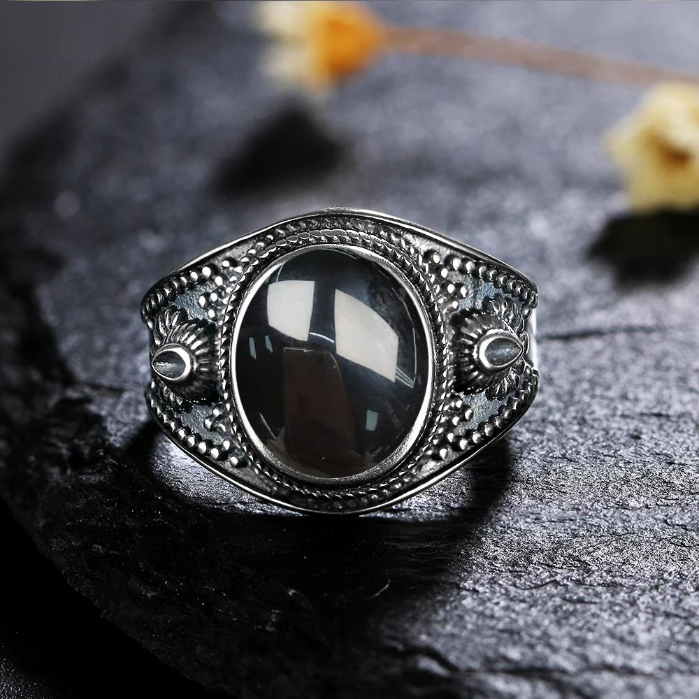 Vintage 925 Sterling Copper Ring Natural Black Onyx Ring Oval Round Stone Retro Fine Zircon Gift Sun Shaped For Women Men