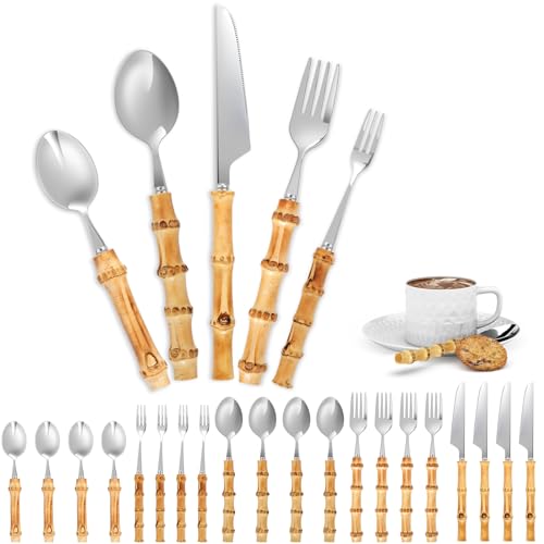 20-Piece Stainless Steel Cutlery Set With Bamboo Handle Silverware Flatware Service for 4 Includes Dinner Fork Spoon Dessert Fork Spoon Table Cutter