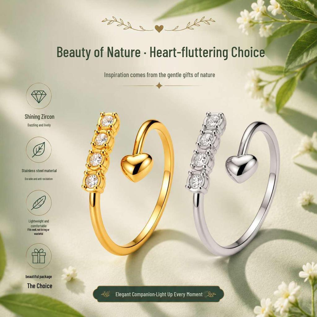 Adjustable Rhinestone Heart Wheat Stainless Steel Ring with Four Diamonds - Women's Jewelry