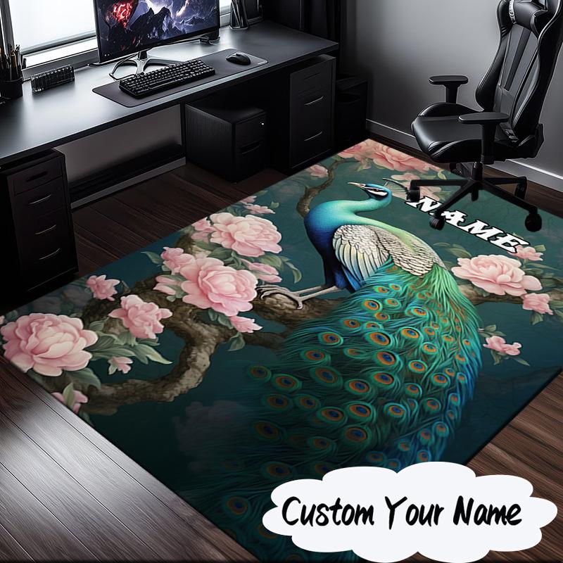 Custom Name Peacock Flowers Romance Rug for Living Room, Game Rooms, Office, Bedroom, Floor Mat Playful Design, Fan Gifts Christmas Decor