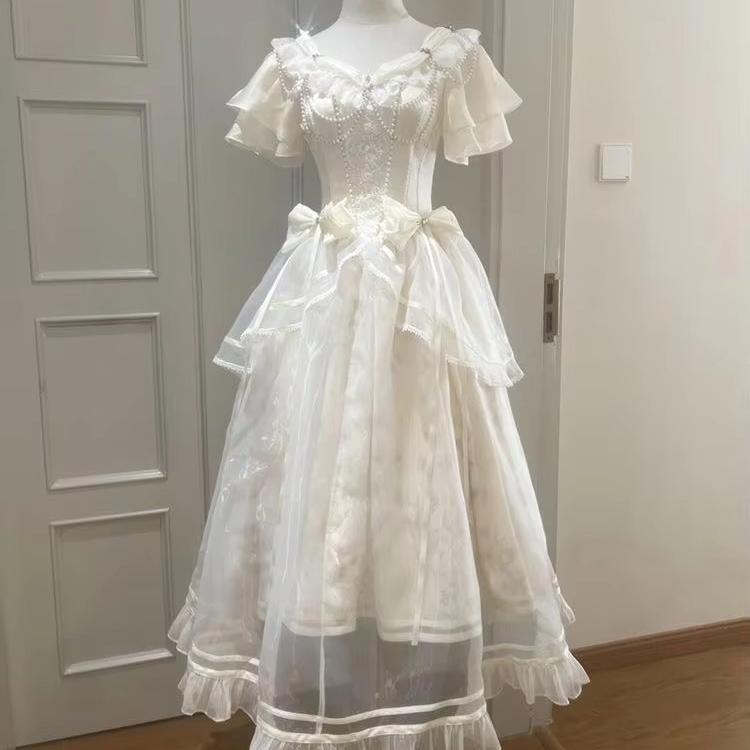 Waldstil Süßes Vintage Schleifendesign Kleid Damen Slim Fit A-Linie Langes Kleid Französisch Elegant Fee Prinzessin Abschlussball Kleidung