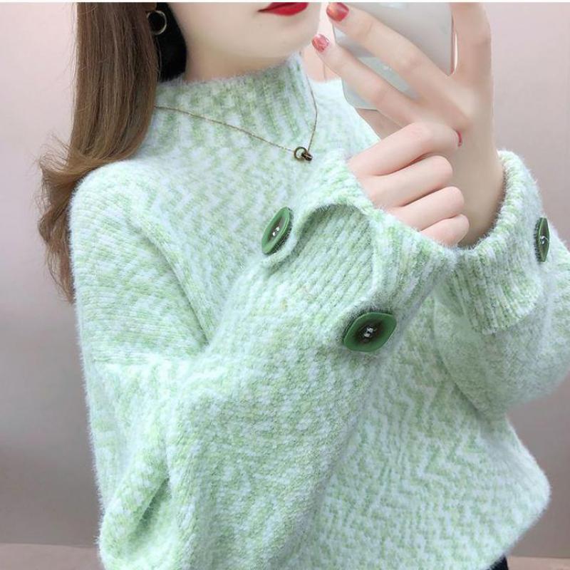 

Осень-зима, свободный норковый свитер с высоким воротником, розовый, зеленый, синий, верхняя одежда с длинными рукавами, топы