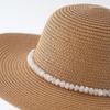 Beach Hat with Imitation Pearl Accents Full Face Sun Protection Flat Top Large Brim UV Blocking Summer Straw Hat