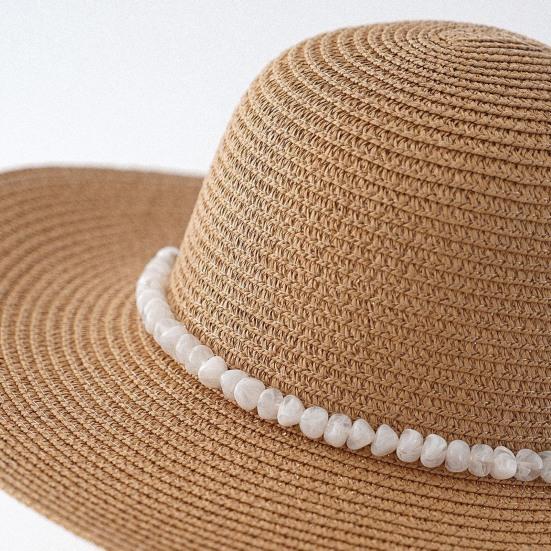 Beach Hat with Imitation Pearl Accents Full Face Sun Protection Flat Top Large Brim UV Blocking Summer Straw Hat
