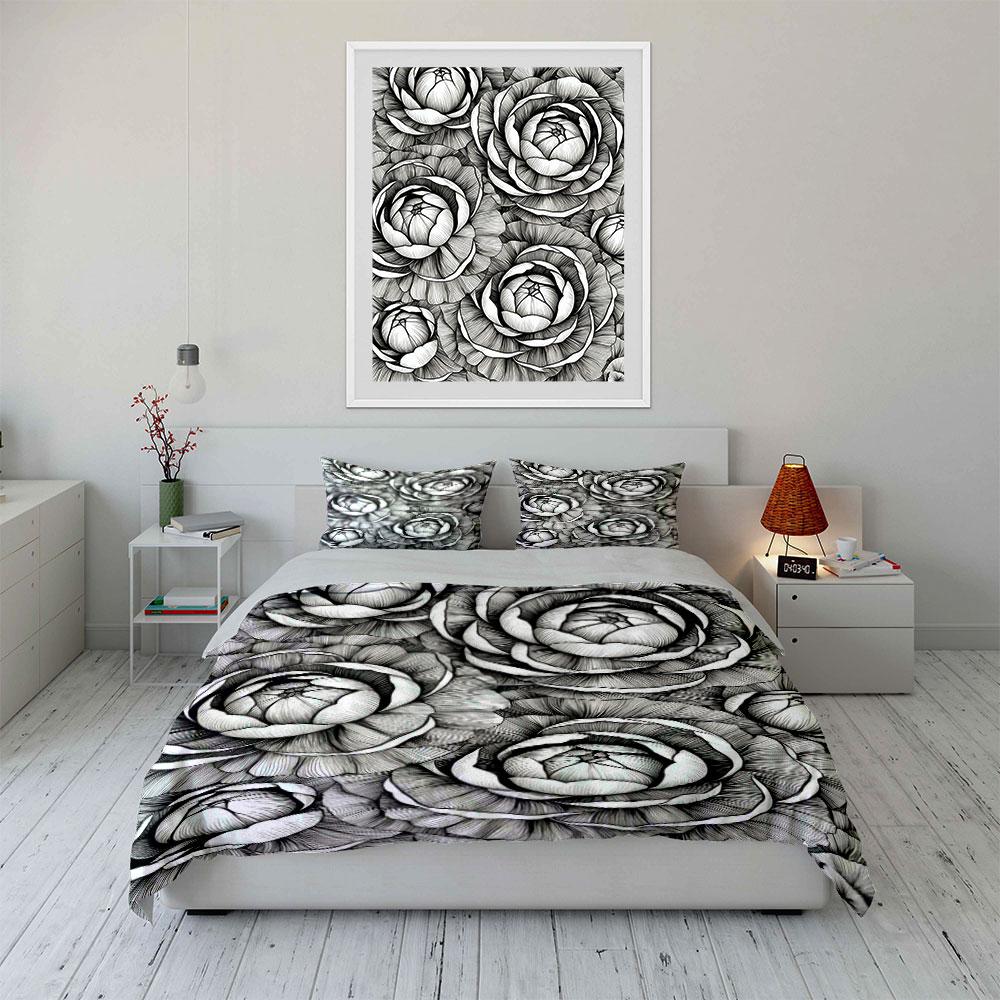Large black-and-white roses. Bedding sets Duvet cover sets Duvet covers Pillowcases(1* Duvet Cover 2* Pillowcases without duvet insert)