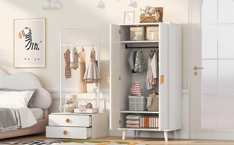 Wardrobe (single Item 70 × 55 × 170 Cm), Double Door Design with Large Storage Compartments, Cartoon-shaped Handles and Raised Feet, Wood Color