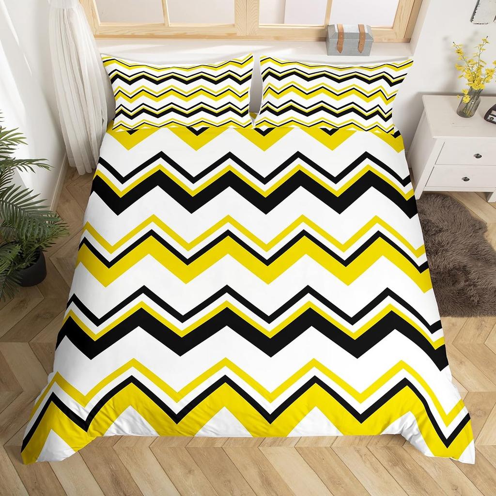 Geometric Modern Duvet Cover King Queen Black Gray Blue Comforter Cover with 2 Pillowcases Retro Stripes Geometry Bedding Set