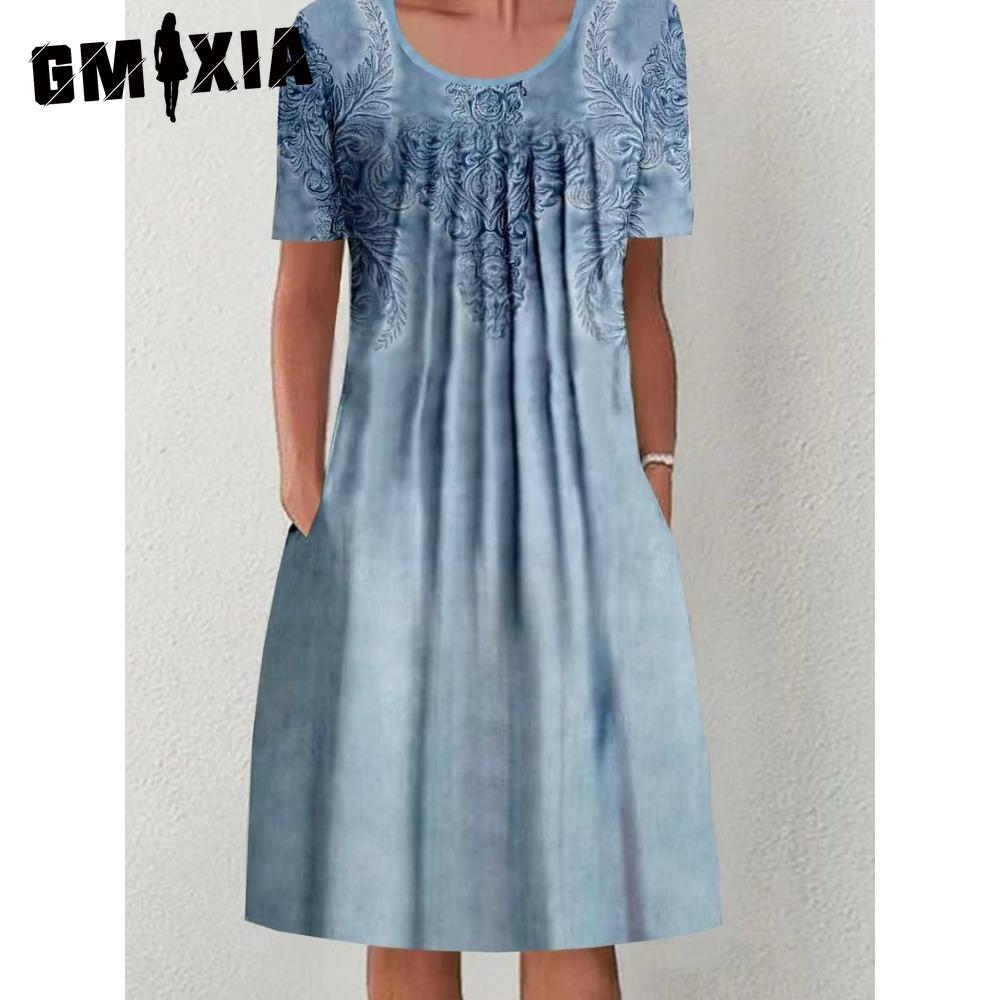 GMXIA 30 Color Pleated Midi Dress Short Sleeve Round Neck Loose Hem Mid-Calf Length Women Floral A-Line Party Dress Casual Wear
