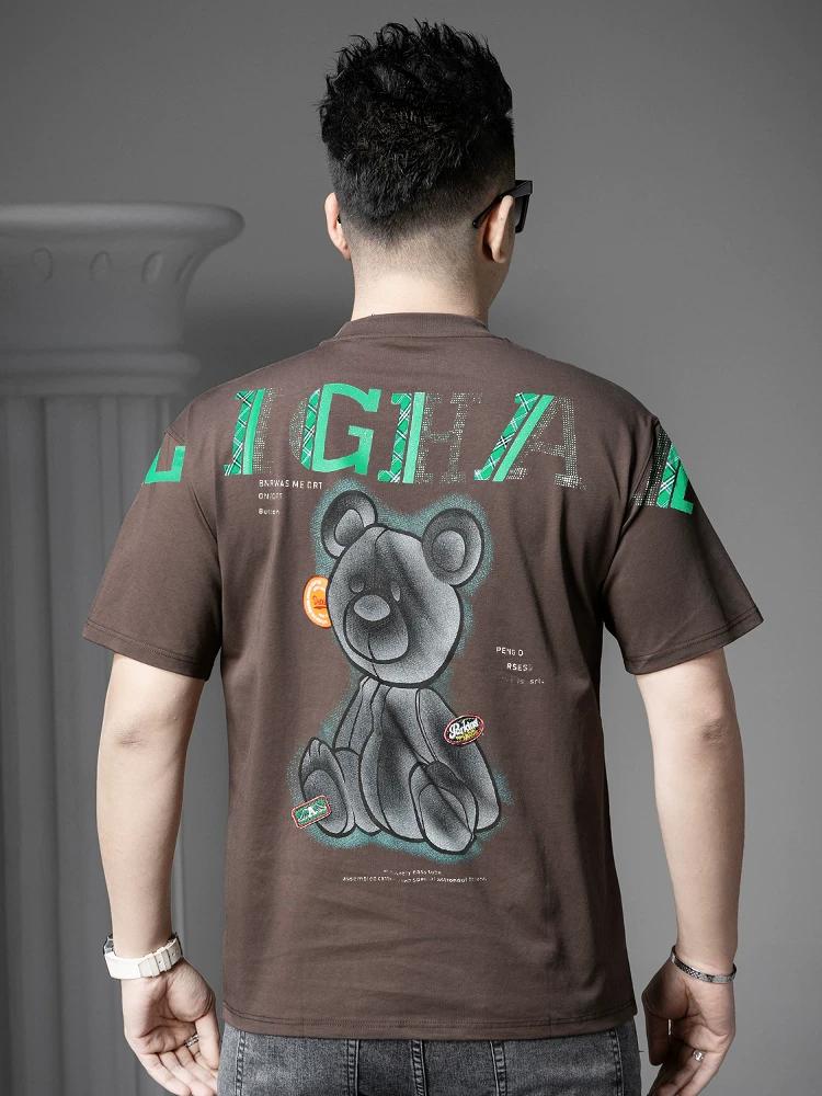 European Summer New Bear Print Short-Sleeve T-Shirt for Men, Trendy Brand Loose Round-Neck Tee Shirt Half-Sleeve Top