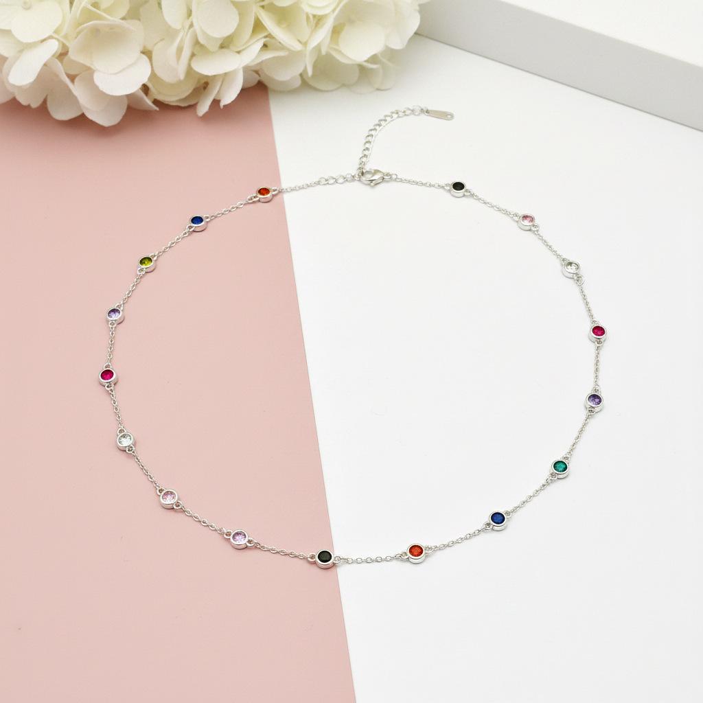 Colorful Round Diamond Rainbow Clavicle Necklace for Women - High-End, Versatile, and Stylish